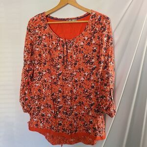 TU Floral Tangerine Orange 3/4 Length‎ Sleeve Blouse  sz 14